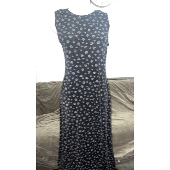 Vtg 90s Black Sparkly flower Floral Women Slinky stretch Maxi Dress Y2k Sz10 - Picture 1 of 6